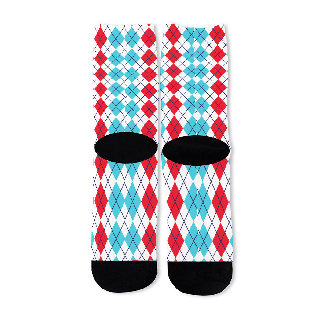 Red And Blue Argyle Pattern Print Long Socks