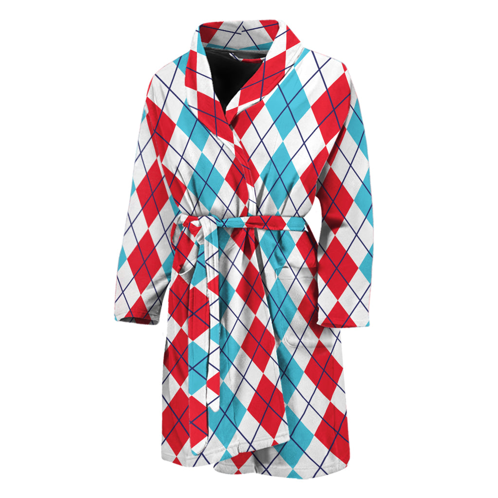 Red And Blue Argyle Pattern Print Men's Bathrobe