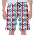 Red And Blue Argyle Pattern Print Men's Beach Shorts