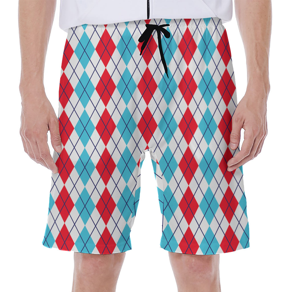 Red And Blue Argyle Pattern Print Men's Beach Shorts