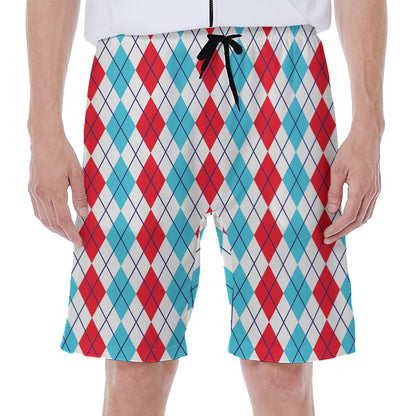 Red And Blue Argyle Pattern Print Men's Beach Shorts