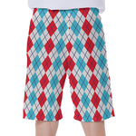 Red And Blue Argyle Pattern Print Men's Beach Shorts