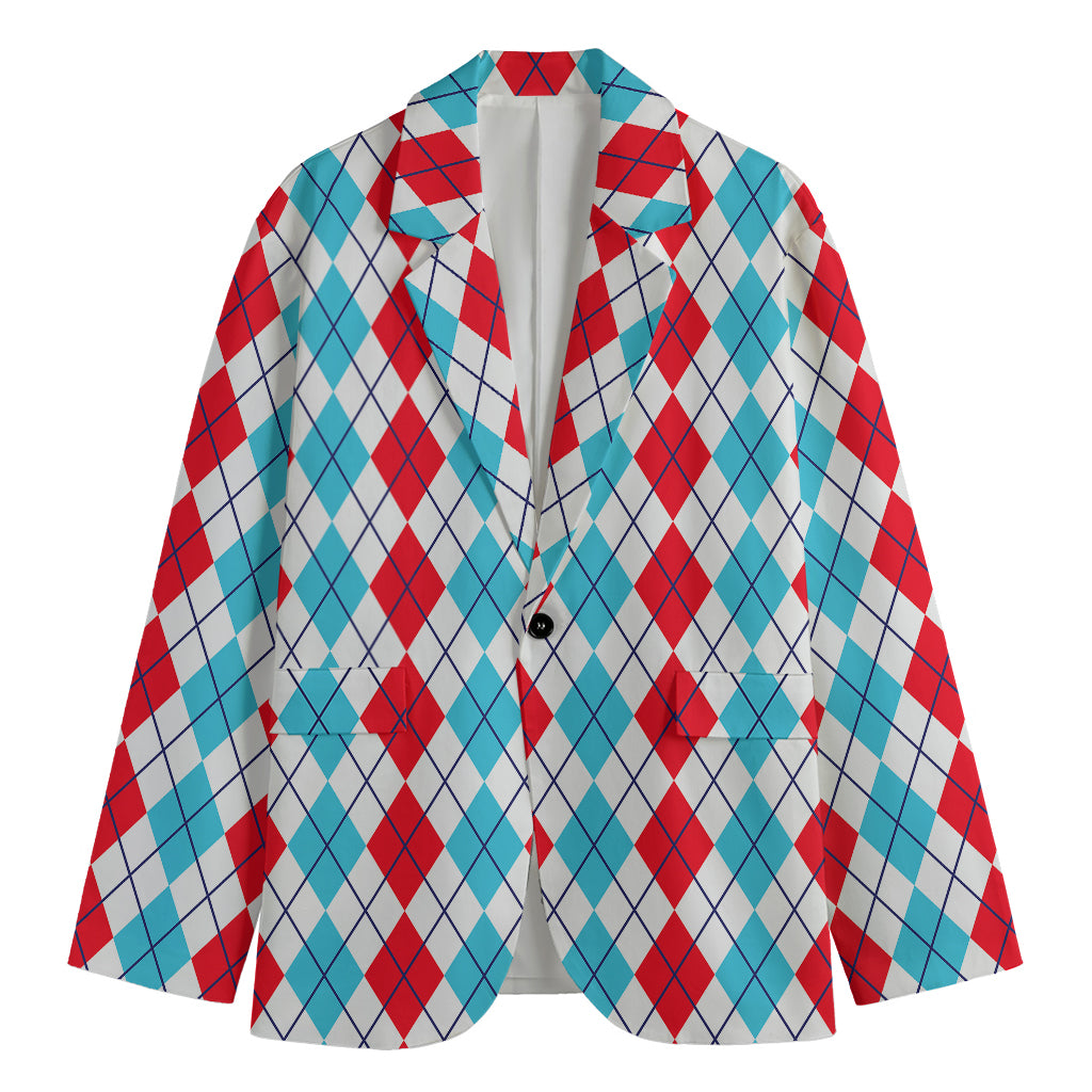 Red And Blue Argyle Pattern Print Men's Blazer