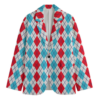 Red And Blue Argyle Pattern Print Men's Blazer