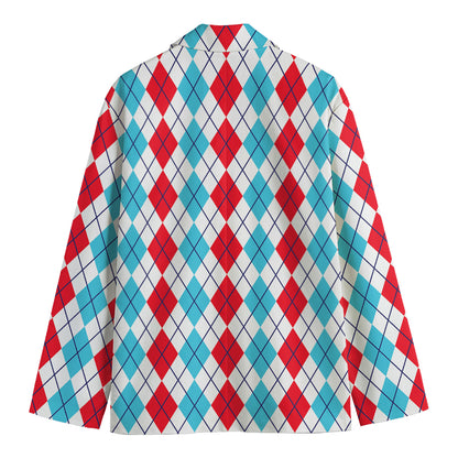 Red And Blue Argyle Pattern Print Men's Blazer