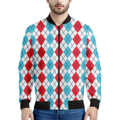 Red And Blue Argyle Pattern Print Men's Bomber Jacket