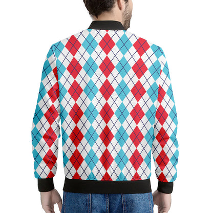 Red And Blue Argyle Pattern Print Men's Bomber Jacket