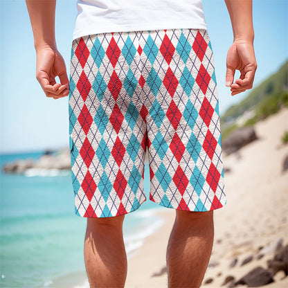 Red And Blue Argyle Pattern Print Men's Cargo Shorts