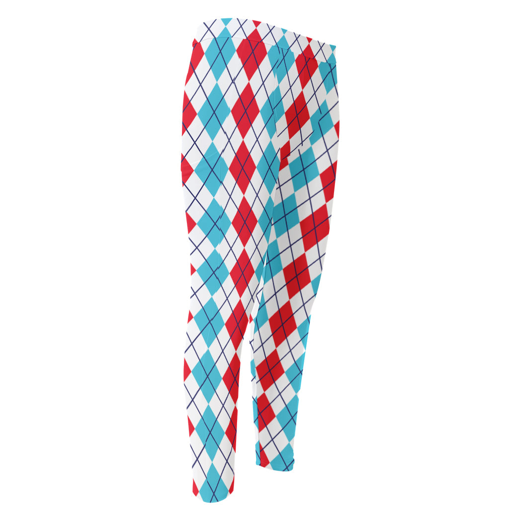 Red And Blue Argyle Pattern Print Men's Compression Pants