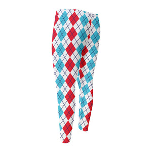 Red And Blue Argyle Pattern Print Men's Compression Pants