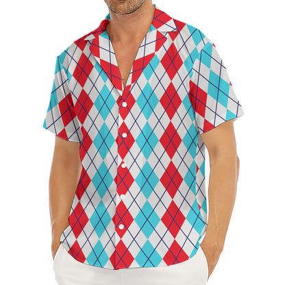 Red And Blue Argyle Pattern Print Men's Deep V-Neck Shirt