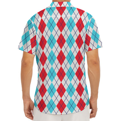 Red And Blue Argyle Pattern Print Men's Deep V-Neck Shirt