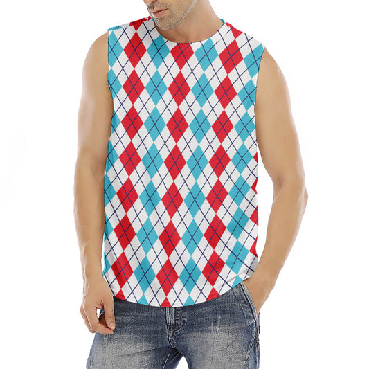 Red And Blue Argyle Pattern Print Men's Fitness Tank Top