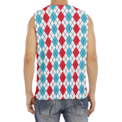 Red And Blue Argyle Pattern Print Men's Fitness Tank Top