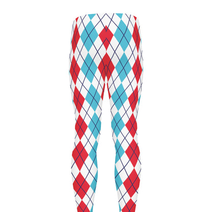 Red And Blue Argyle Pattern Print Men's leggings