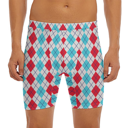 Red And Blue Argyle Pattern Print Men's Long Boxer Briefs