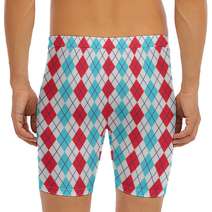 Red And Blue Argyle Pattern Print Men's Long Boxer Briefs