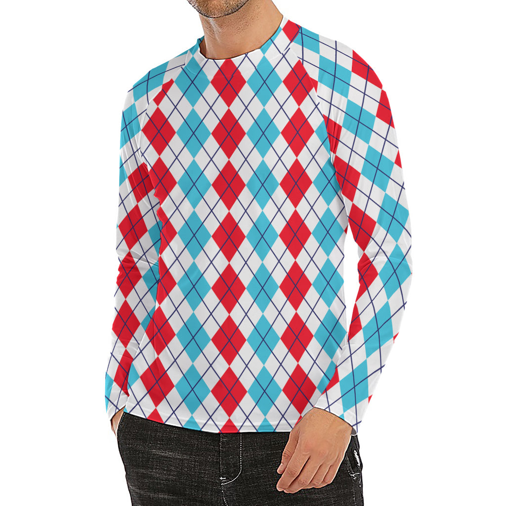 Red And Blue Argyle Pattern Print Men's Long Sleeve Rash Guard