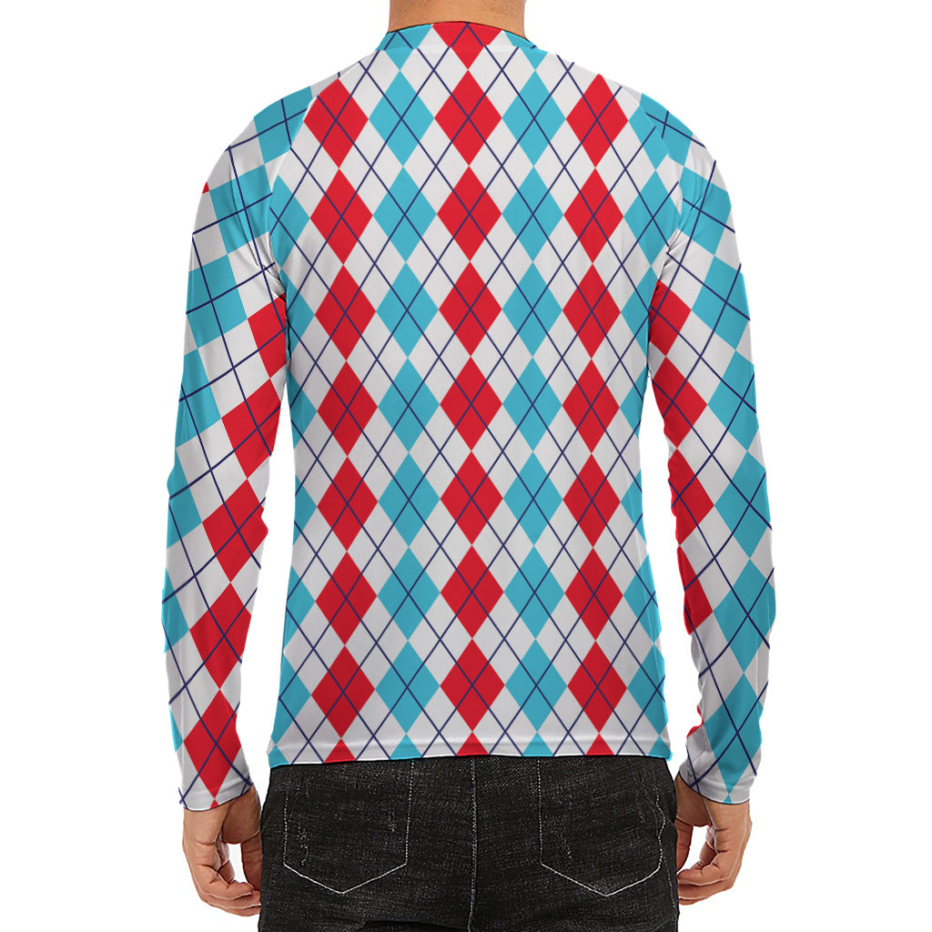 Red And Blue Argyle Pattern Print Men's Long Sleeve Rash Guard