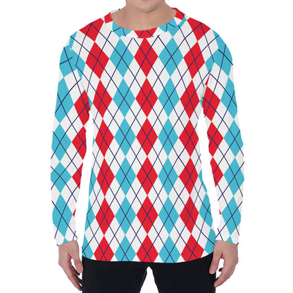 Red And Blue Argyle Pattern Print Men's Long Sleeve T-Shirt