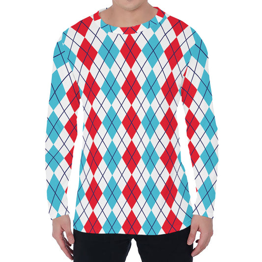 Red And Blue Argyle Pattern Print Men's Long Sleeve T-Shirt