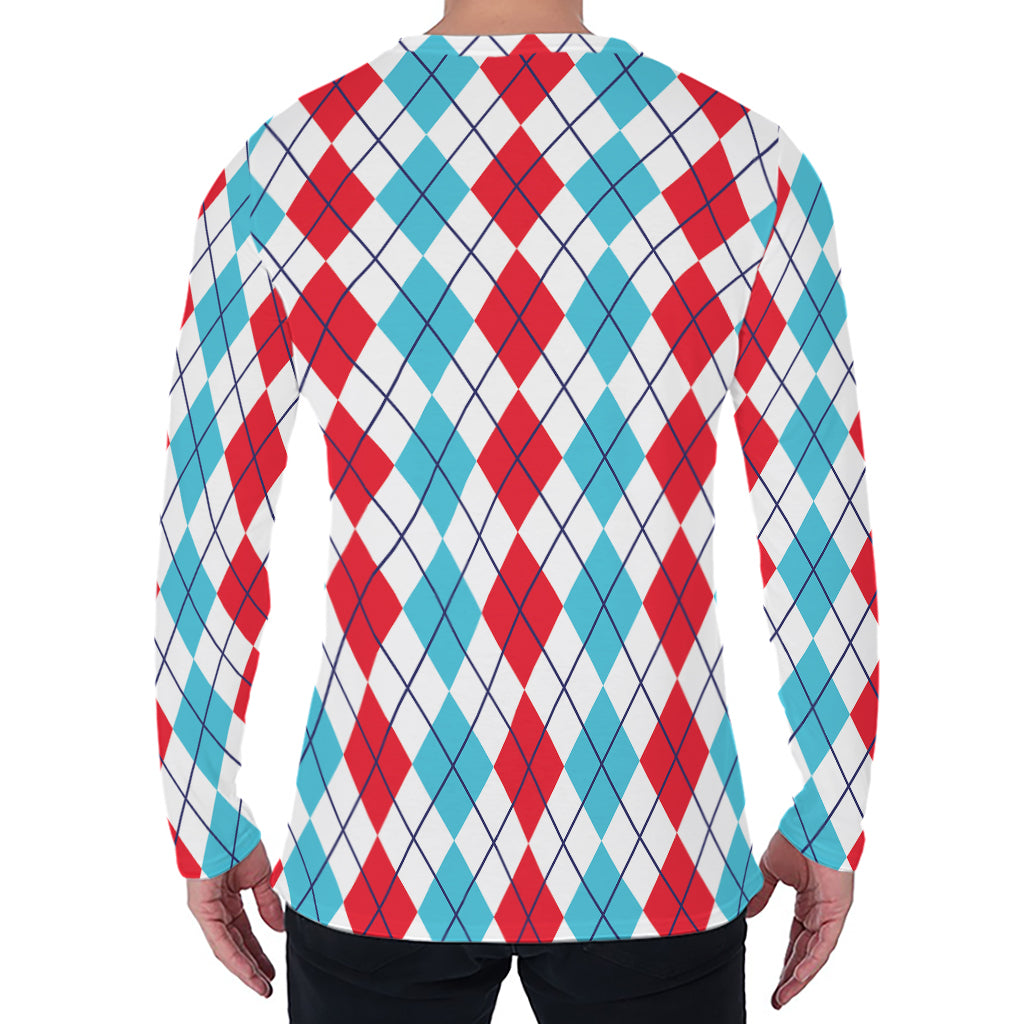 Red And Blue Argyle Pattern Print Men's Long Sleeve T-Shirt