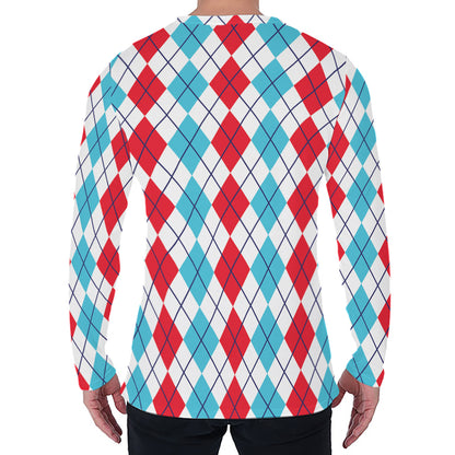 Red And Blue Argyle Pattern Print Men's Long Sleeve T-Shirt