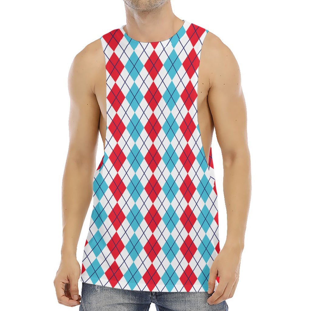 Red And Blue Argyle Pattern Print Men's Muscle Tank Top