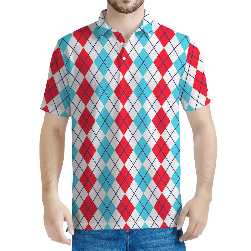 Red And Blue Argyle Pattern Print Men's Polo Shirt