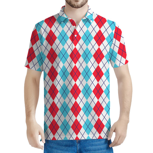 Red And Blue Argyle Pattern Print Men's Polo Shirt
