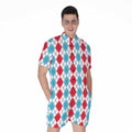 Red And Blue Argyle Pattern Print Men's Romper