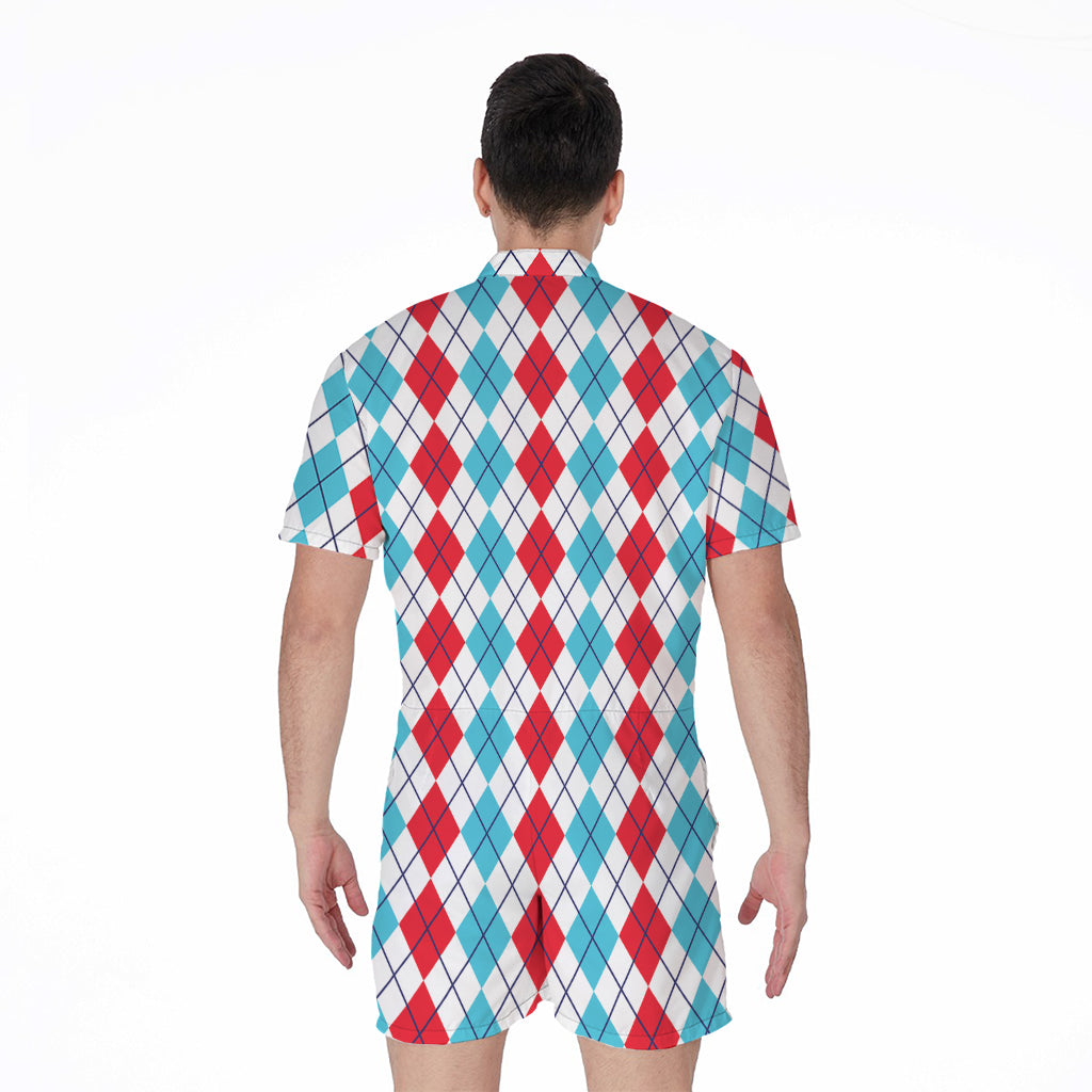 Red And Blue Argyle Pattern Print Men's Rompers