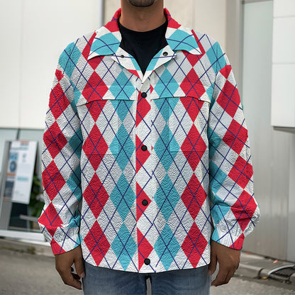 Red And Blue Argyle Pattern Print Men's Shirt Jacket