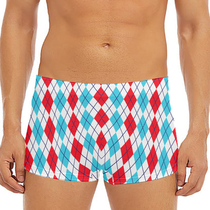 Red And Blue Argyle Pattern Print Men's Short Boxer Briefs