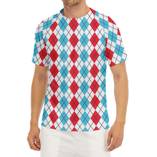 Red And Blue Argyle Pattern Print Men's Short Sleeve Rash Guard