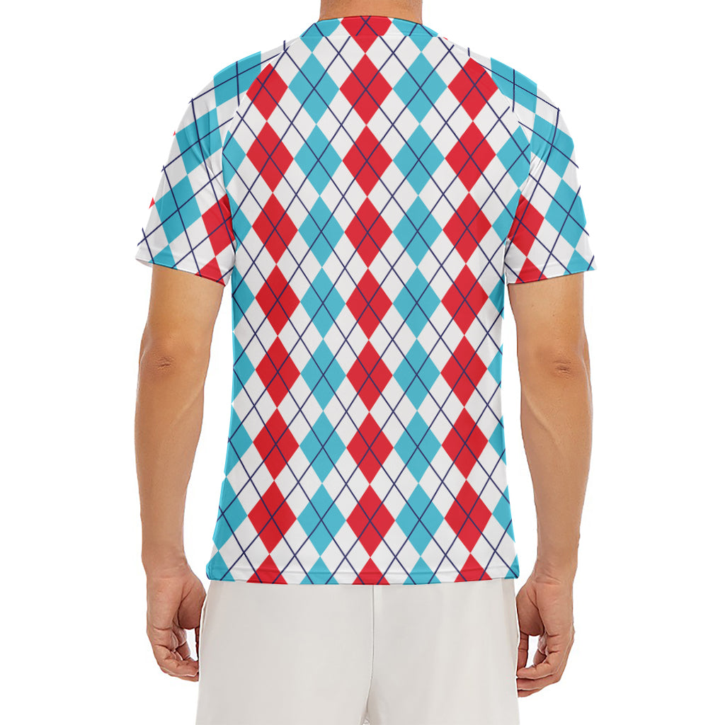 Red And Blue Argyle Pattern Print Men's Short Sleeve Rash Guard