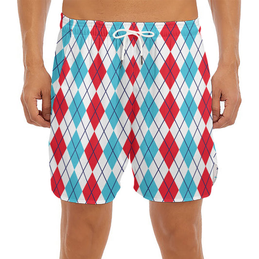 Red And Blue Argyle Pattern Print Men's Split Running Shorts