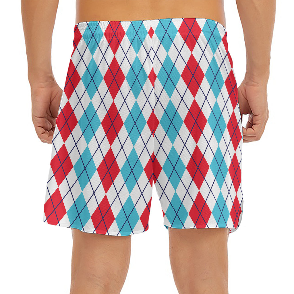Red And Blue Argyle Pattern Print Men's Split Running Shorts