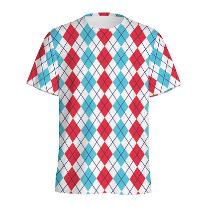 Red And Blue Argyle Pattern Print Men's Sports T-Shirt
