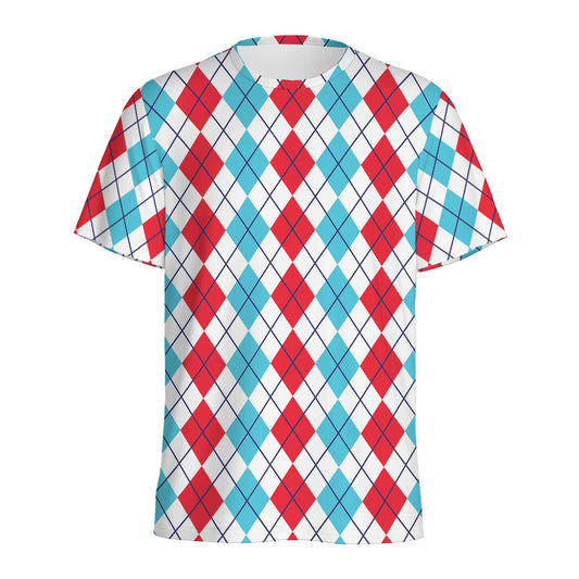 Red And Blue Argyle Pattern Print Men's Sports T-Shirt