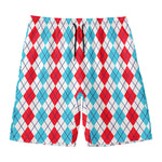 Red And Blue Argyle Pattern Print Men's Swim Trunks