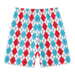 Red And Blue Argyle Pattern Print Men's Swim Trunks
