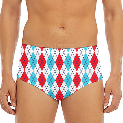 Red And Blue Argyle Pattern Print Men's Triangle Swim Briefs