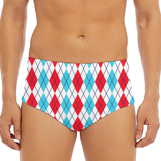 Red And Blue Argyle Pattern Print Men's Triangle Swim Briefs