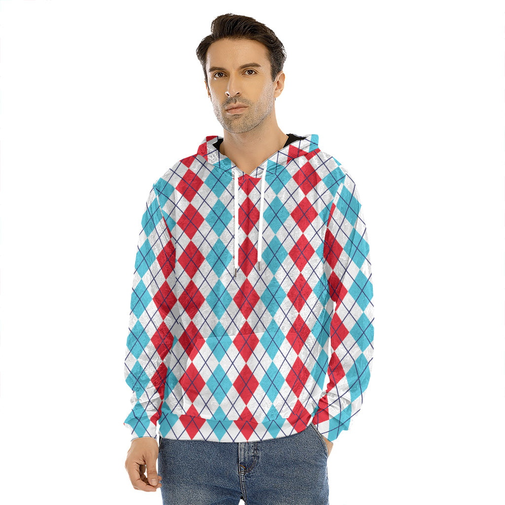 Red And Blue Argyle Pattern Print Men's Velvet Pullover Hoodie
