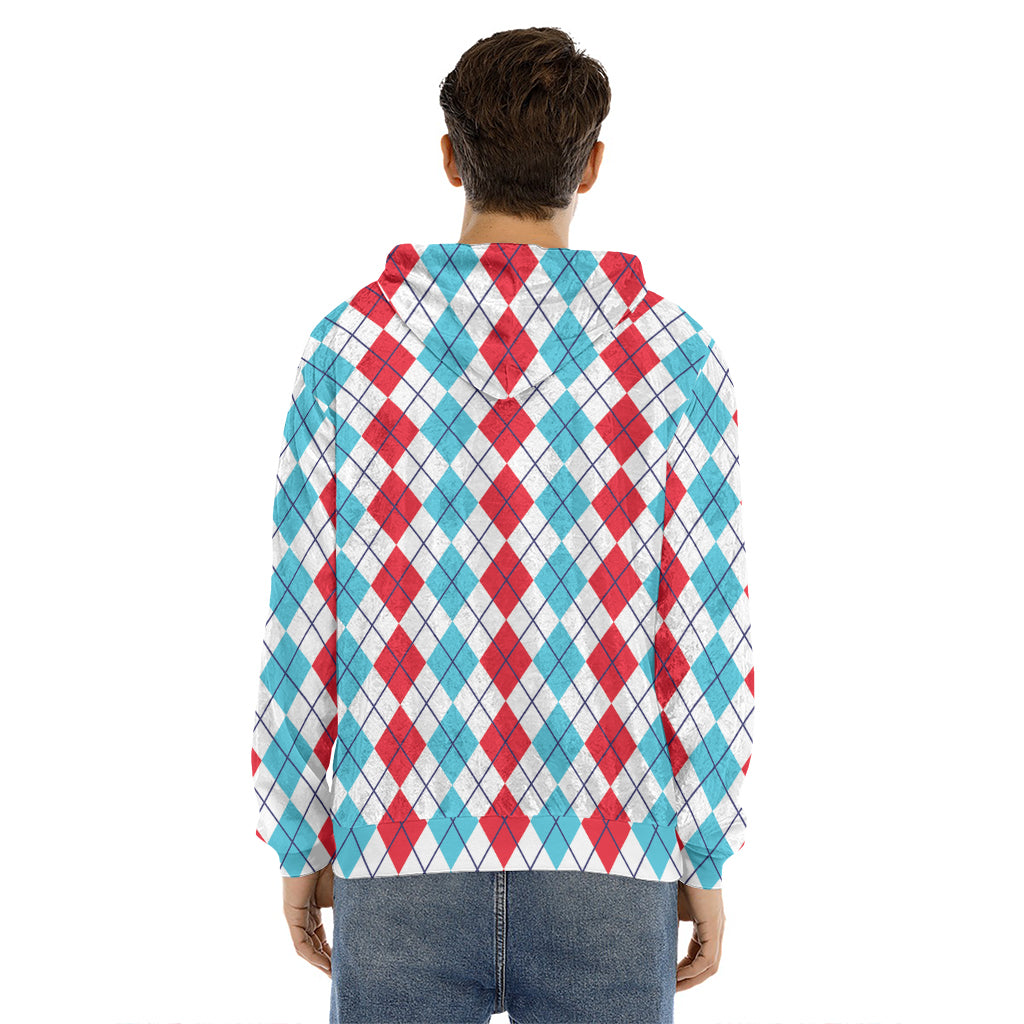 Red And Blue Argyle Pattern Print Men's Velvet Pullover Hoodie