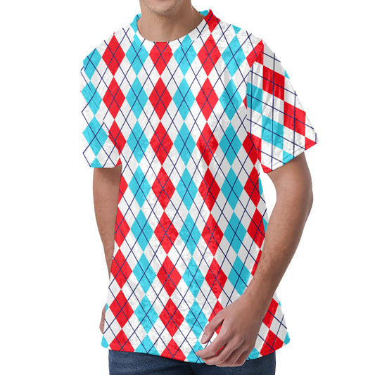 Red And Blue Argyle Pattern Print Men's Velvet T-Shirt