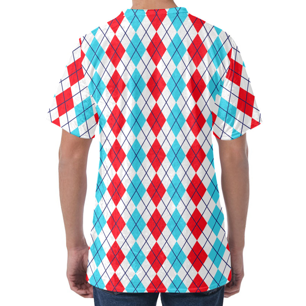 Red And Blue Argyle Pattern Print Men's Velvet T-Shirt