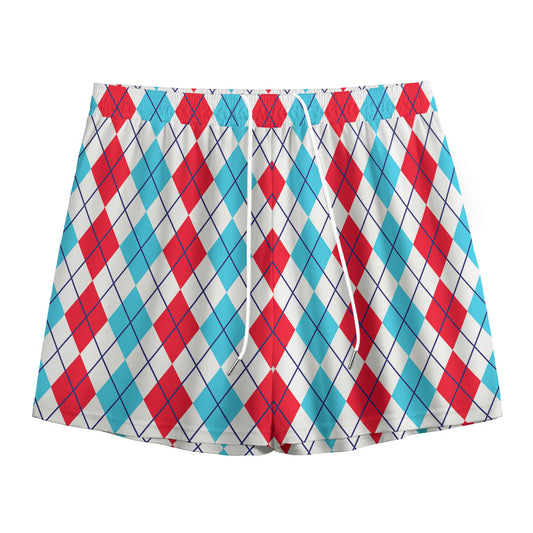 Red And Blue Argyle Pattern Print Mesh Shorts