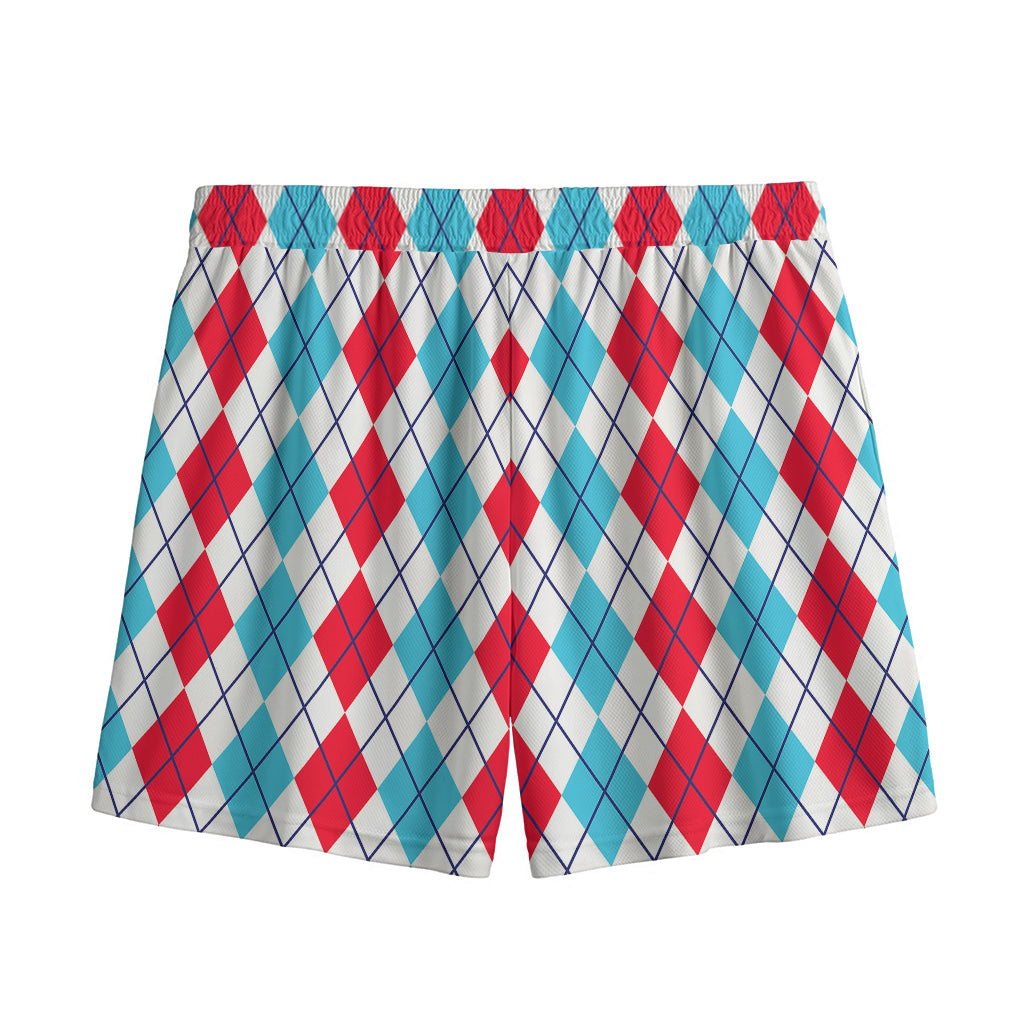 Red And Blue Argyle Pattern Print Mesh Shorts